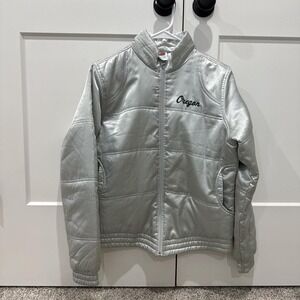 Nike Team Oregon Ducks Silver Satin Puffer Jacket Women Medium Full Zip Metallic
